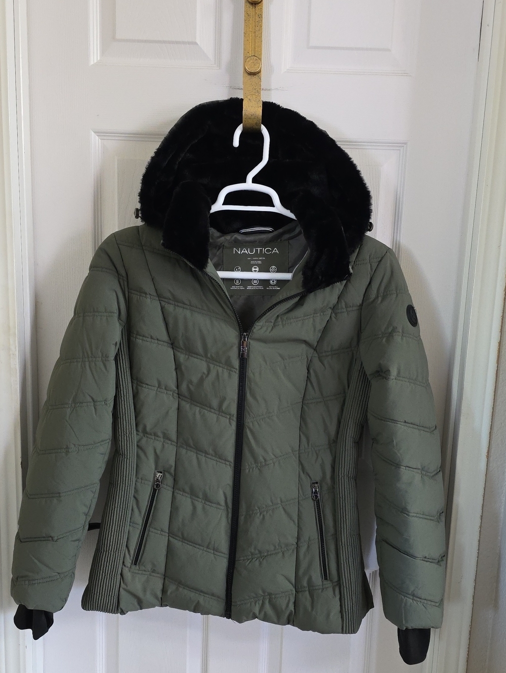 Nautica Olive Green Quilted Puffer Jacket with Black Faux Fur Hood
